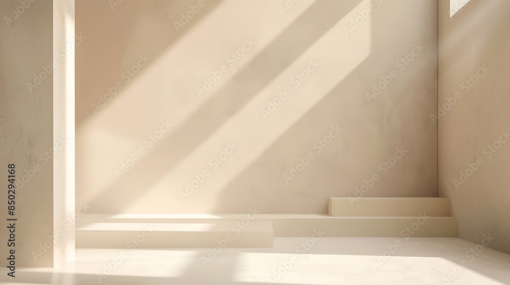 Poster Empty Studio 3d exhibition background  pastel creamy beige stage with soft natural abstract diagonal window light and shadows Minimal architectural scene for product mock up Front view : Generative AI