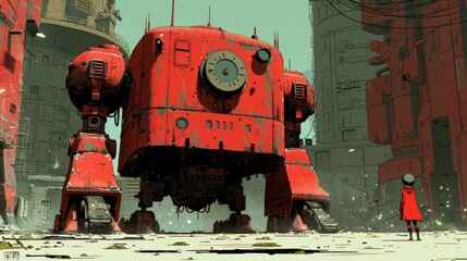 A red robot with a clock face on its chest. The robot is standing on a rocky surface and appears to be in a battle stance.