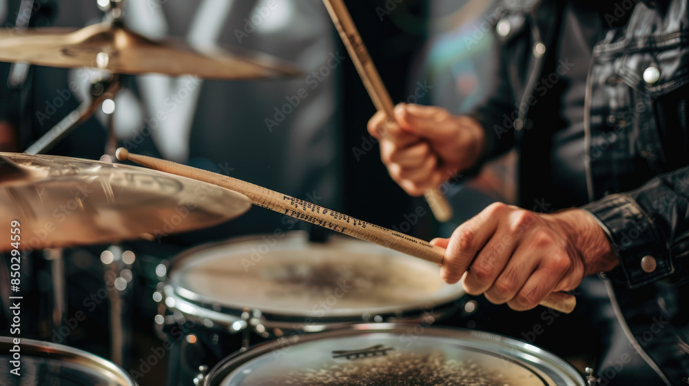 Poster Drummer’s Hands Using Sticks on Drum Kit