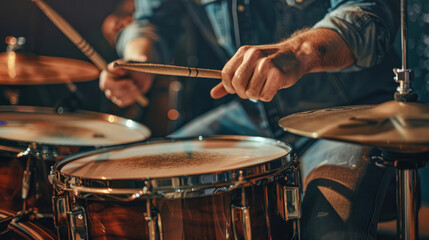 Obraz premium Drummer’s Hands Using Sticks on Drum Kit