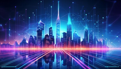 A vibrant cyberpunk cityscape illuminated by neon lights in various colors, featuring towering skyscrapers and digital elements. 