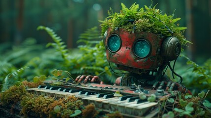 A robotic figure with a green moss head sits on a piano keyboard.