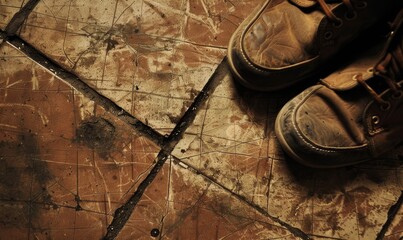 closeup of worn work boots on cracked floor