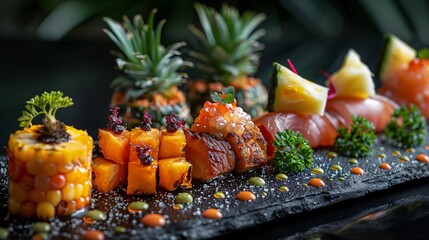 An artistic arrangement of fusion dishes inspired by tropical flavors presented with precision against a black background.
