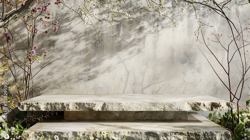 Poster Front view of the stone podium showcases products in a garden with flowers plants and branches Empty platform : Generative AI