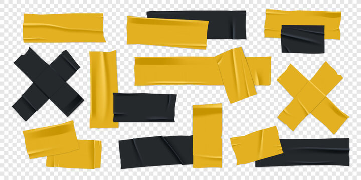 Vector set of 3D realistic black and yellow adhesive tape. Torn pieces of masking tape isolated on transparent background. PNG duct tape.