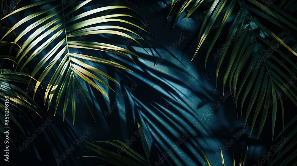 Wall mural light and shadow on palm leaf dark blue nature background : generative ai