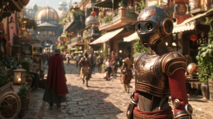 A robot is standing on a street with people walking around, some of them carrying backpacks. The robot is wearing a cape and appears to be the main focus of the scene.
