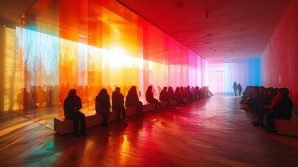 A group of people sitting on benches in a colorful hallway, with a sunset in the background.