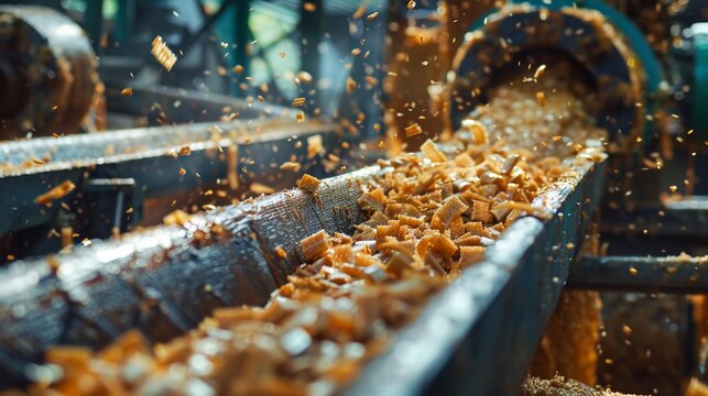 Sugarcane processing line in a sugar factory, closeup of chopped cane moving through the conveyor system towards juicing machines, detailed view of crushing and filtering mechanisms, industrial ambian