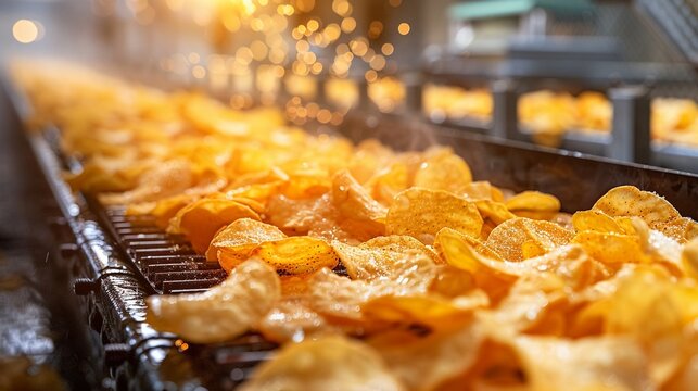 Freshly fried potato chips on a moving conveyor belt, detailed view of individual chips with visible bubbles and seasoning, food processing line with clean and bright factory setup, Photorealistic, Hi