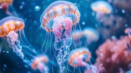 A group of jellyfish are floating in the ocean