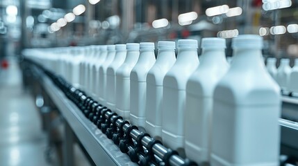 Conveyor line with white plastic bottles of dairy milk moving towards the packaging area, closeup showing the filling and capping mechanisms, modern dairy factory with clean and organized setup, Photo
