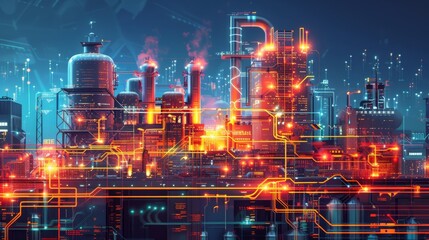 Futuristic Electric Power Plant of Tomorrow: Renewable Energy & Digital Monitoring in Vibrant Illustration