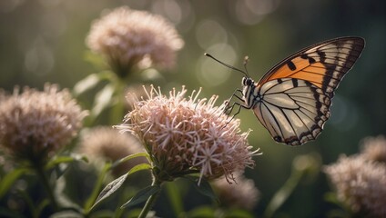 Beautiful butterfly on flowers in the garden on a sunny day, macro image of a flying butterfly