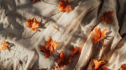 Autumn fall leaves and natural sunlight shadows on messy crumpled linen cloth background Aesthetic autumn flat lay business brand template : Generative AI