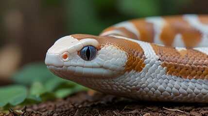 Obraz premium a yellow and white snake is curled up on a piece of wood with it's head resting on it's back.