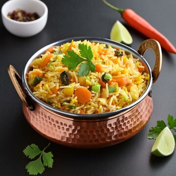 Indian food veg biryani or veg pulav on black background