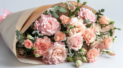 Light pink petaled flowers, beautifully cut, arranged in an exquisite bouquet, soft pastel tones, ideal for gifting