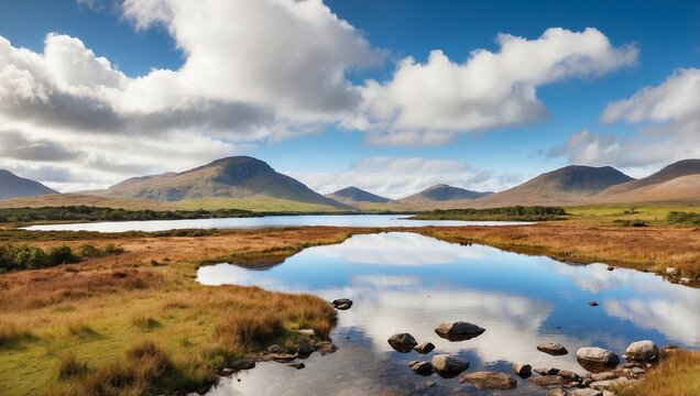Beautiful lake tulla in the United Kingdom surrounded by hills and mountains.