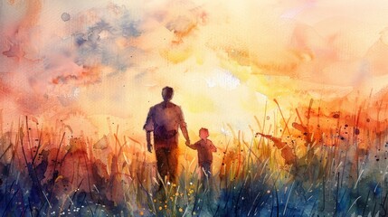 Fototapeta premium Beautiful watercolor landscape of a father and child in a meadow, sunset glow, harmonious colors, natural beauty