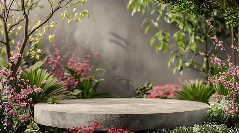 Poster Front view of the stone podium showcases products in a garden with flowers plants and branches Empty platform : Generative AI