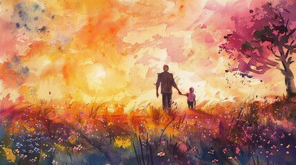 Fototapeta premium Father and child playing in a colorful meadow, watercolor sunset scene, delicate brush strokes, peaceful ambiance