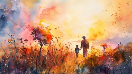 Fototapeta premium Father and child playing in a colorful meadow, watercolor sunset scene, delicate brush strokes, peaceful ambiance