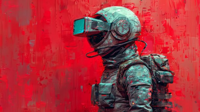 A person wearing a space suit and helmet, possibly a painting or illustration. The person is also wearing a backpack.