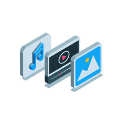 isometric image and video and audio icons, in color on a white background, media content for social networks and the internet