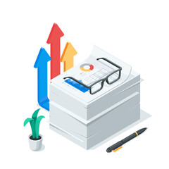 isometric stack of paper with charts and glasses, in color on a white background, working with analytical data in the financial sector or business documentation