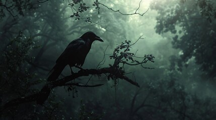 A highly detailed photograph capturing the sinister silhouette of a crow perched on a gnarled branch, its ominous presence enhanced by the dark, foreboding forest surrounding it.