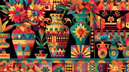 Vibrant digital depiction of traditional Hispanic crafts and patterns background