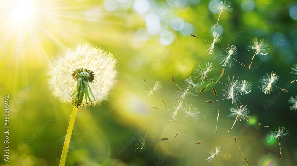Poster a dandelion is in the foreground of a bright green field