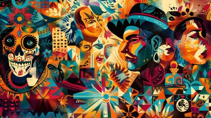 Fototapeta premium Abstract Hispanic identity with cultural symbols and historical icons background