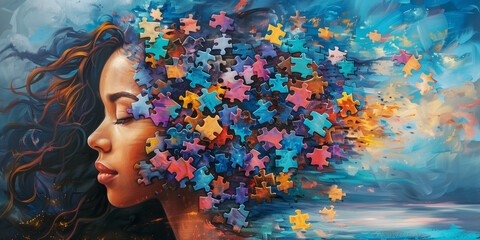 ADHD awareness month october, attention deficit hyperactivity disorder, mental health, head with colorful jigsaw or puzzle pieces 
