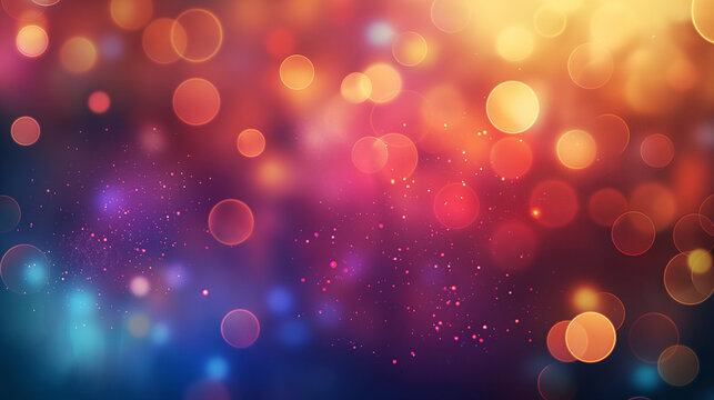 This image displays a colorful bokeh light effect with blurred circles of light in hues of orange, pink, and blue