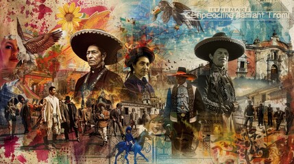 Portraits and pivotal moments in a digital collage for Hispanic Heritage background