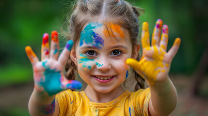 A cheerful young girl shows her painted hands and face with vibrant colors, embodying creativity and joy amidst a natural background