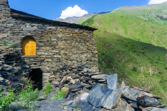 Structure made of flat stones of Medieval village Mutso