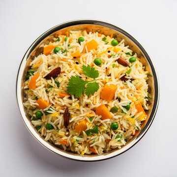 Indian food veg biryani or veg pulav isolated on white background