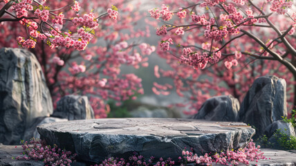 Empty Rock Podium with Sakura branches of blossoming against nature background. Made of natural scene for advertising, banners, website, social media or product cosmetic and food presentation