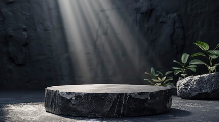 Black stone podium Pedestal, platform for beauty product. Stage, display, showcase for advertising, banners, website, social media or product cosmetic and food presentation product promotion.