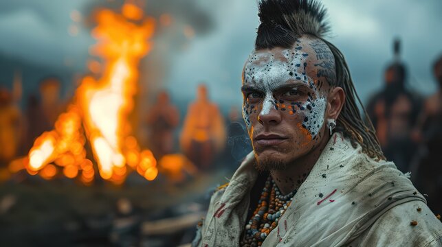 Punk and Mohawk wearing simple white pullover hoodies, full body shot, painted faces. standing in front of the fire front view A tribe of shamans are performing rituals in the background.