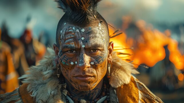 Punk and Mohawk wearing simple white pullover hoodies, full body shot, painted faces. standing in front of the fire front view A tribe of shamans are performing rituals in the background.