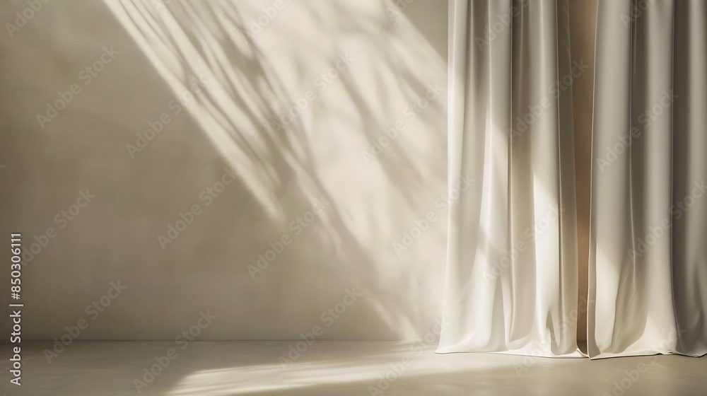 Poster Minimalistic abstract gentle light beige background for product presentation with light and shadow of window curtains on wall : Generative AI