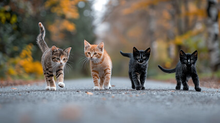 Four kittens walk down a path.