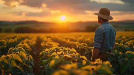 Fototapeta premium A Young farmer in soybean field at sunset.