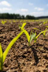 corn sprouts in sunny spring weather