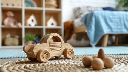 Handmade wooden toy car in kids  room  eco friendly montessori toy for kindergarten